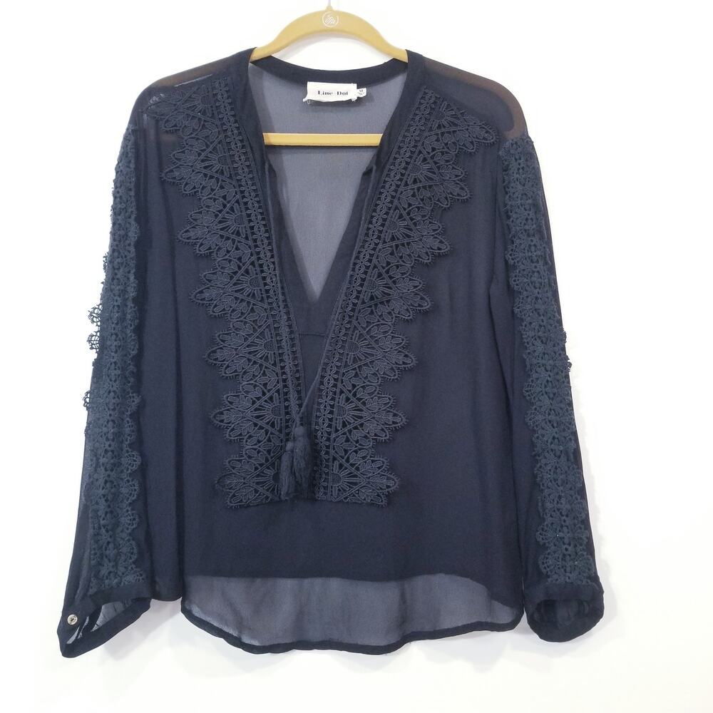 Line and Dot Black Crochet Tassels Deep V-neckline Sheer Blouse Long Sleeves